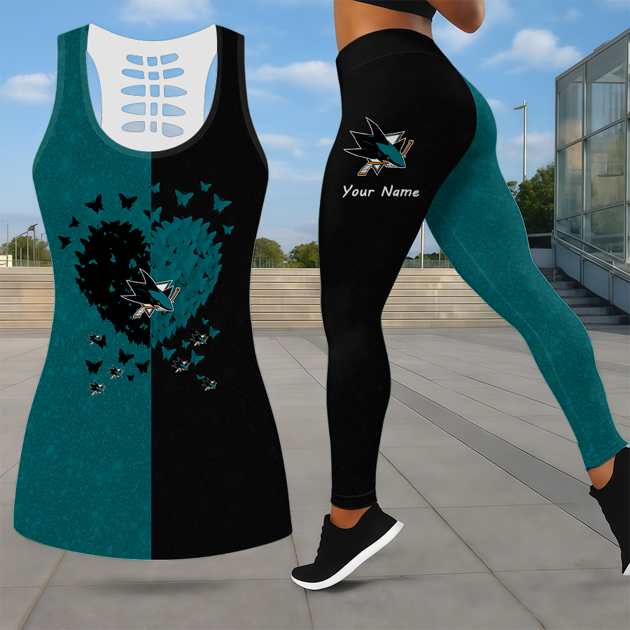 LIMITED EDITION - NEW CUSTOMIZED NHL32 SJS SAN JOSE SHARKS LEGGINGS & HOLLOW TANK TOP SET