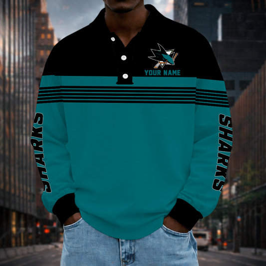 LIMITED EDITION - NEW CUSTOMIZED NHL32 SJS SAN JOSE SHARKS MEN LONG SLEEVE POLO
