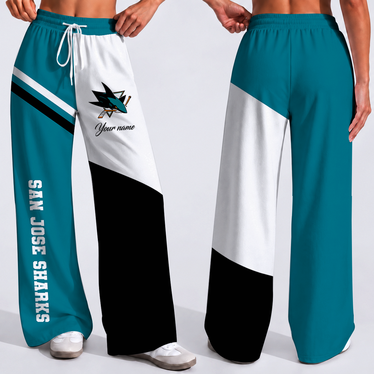 FINAL SALE - NEW CUSTOMIZED NHL32 SJS SAN JOSE SHARKS WOMEN'S WIDE LEG PANTS