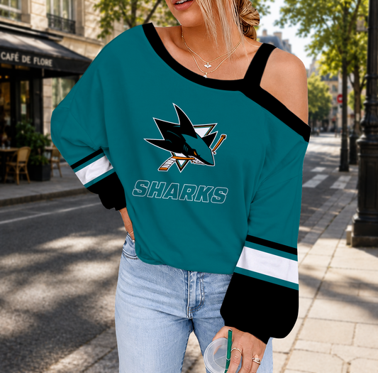 FINAL SALE - NEW CUSTOMIZED NHL32 SJS SAN JOSE SHARKS DROP SHOULDER SWEATSHIRT