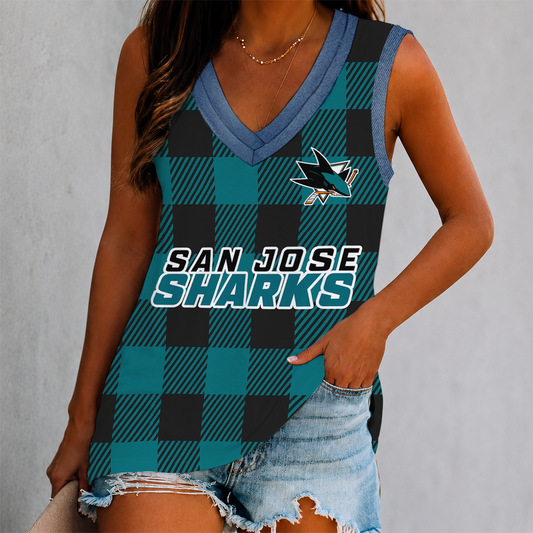 FINAL SALE - NEW CUSTOMIZED NHL32 SJS SAN JOSE SHARKS WOMEN'S V-NECK TANK TOP