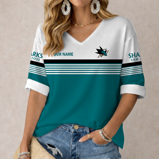 LIMITED EDITION - NEW CUSTOMIZED NHL32 SJS SAN JOSE SHARKS WOMEN'S HEART V-NECK LONG SLEEVE SHIRT