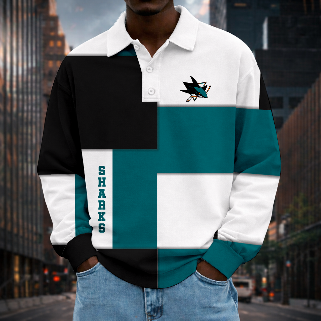 LIMITED EDITION - NEW CUSTOMIZED NHL32 SJS SAN JOSE SHARKS MEN LONG SLEEVE POLO
