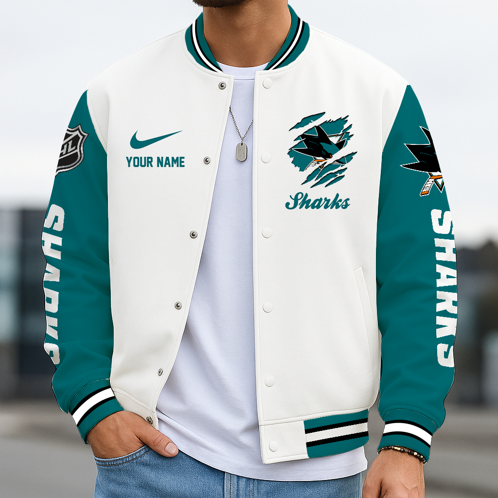LIMITED EDITION - NEW CUSTOMIZED NHL32 SJS SAN JOSE SHARKS BASEBALL JACKET, SATIN VARSITY JACKET