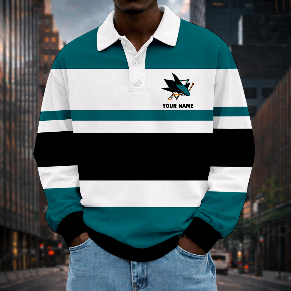 LIMITED EDITION - NEW CUSTOMIZED NHL32 SJS SAN JOSE SHARKS MEN LONG SLEEVE POLO
