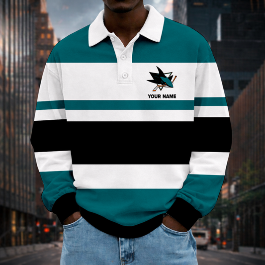 LIMITED EDITION - NEW CUSTOMIZED NHL32 SJS SAN JOSE SHARKS MEN LONG SLEEVE POLO