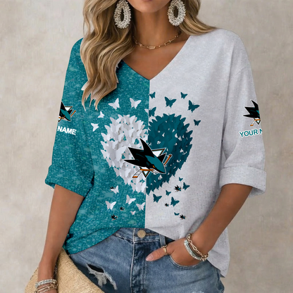 LIMITED EDITION - NEW CUSTOMIZED NHL32 SJS SAN JOSE SHARKS WOMEN'S HEART V-NECK LONG SLEEVE SHIRT