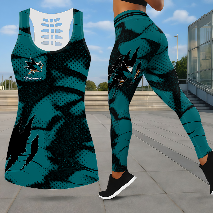 LIMITED EDITION - NEW CUSTOMIZED NHL32 SJS SAN JOSE SHARKS LEGGINGS & HOLLOW TANK TOP SET