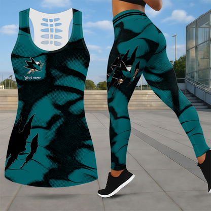 LIMITED EDITION - NEW CUSTOMIZED NHL32 SJS SAN JOSE SHARKS LEGGINGS & HOLLOW TANK TOP SET