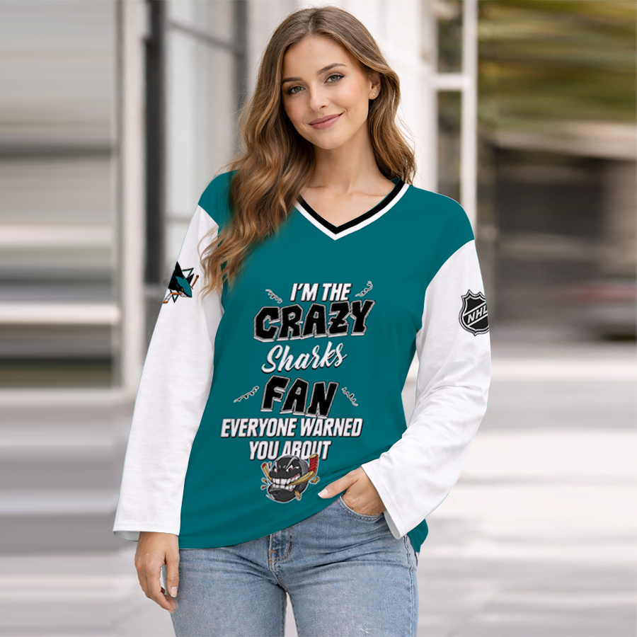 LIMITED EDITION - NEW CUSTOMIZED NHL32 SJS SAN JOSE SHARKS WOMEN'S HEART V-NECK LONG SLEEVE SHIRT