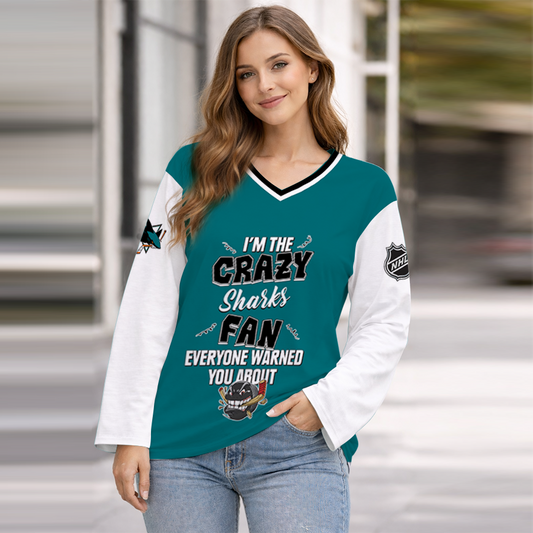 LIMITED EDITION - NEW CUSTOMIZED NHL32 SJS SAN JOSE SHARKS WOMEN'S HEART V-NECK LONG SLEEVE SHIRT