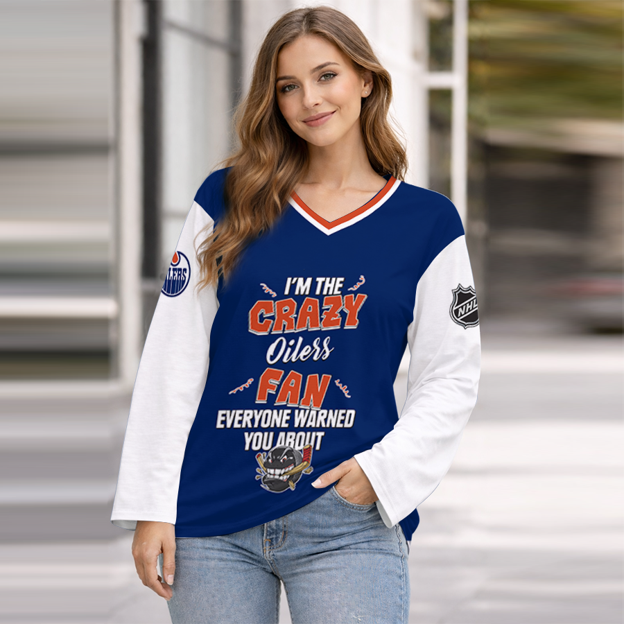 LIMITED EDITION - NEW CUSTOMIZED NHL03 EMO EDMONTON OILERS WOMEN'S HEART V-NECK LONG SLEEVE SHIRT