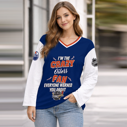 LIMITED EDITION - NEW CUSTOMIZED NHL03 EMO EDMONTON OILERS WOMEN'S HEART V-NECK LONG SLEEVE SHIRT