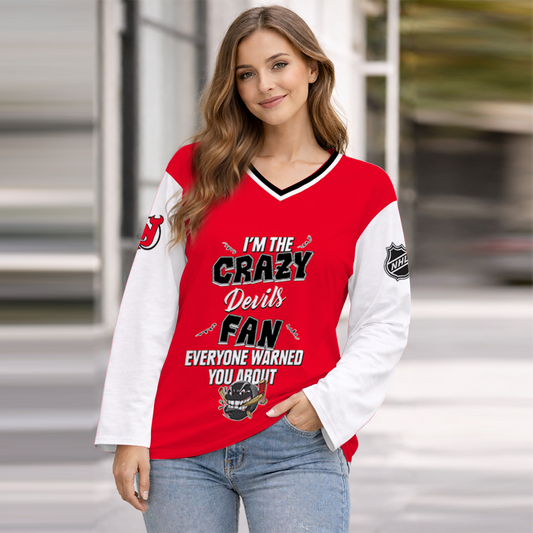 LIMITED EDITION - NEW CUSTOMIZED NHL06 NJD NEW JERSEY DEVILS WOMEN'S HEART V-NECK LONG SLEEVE SHIRT