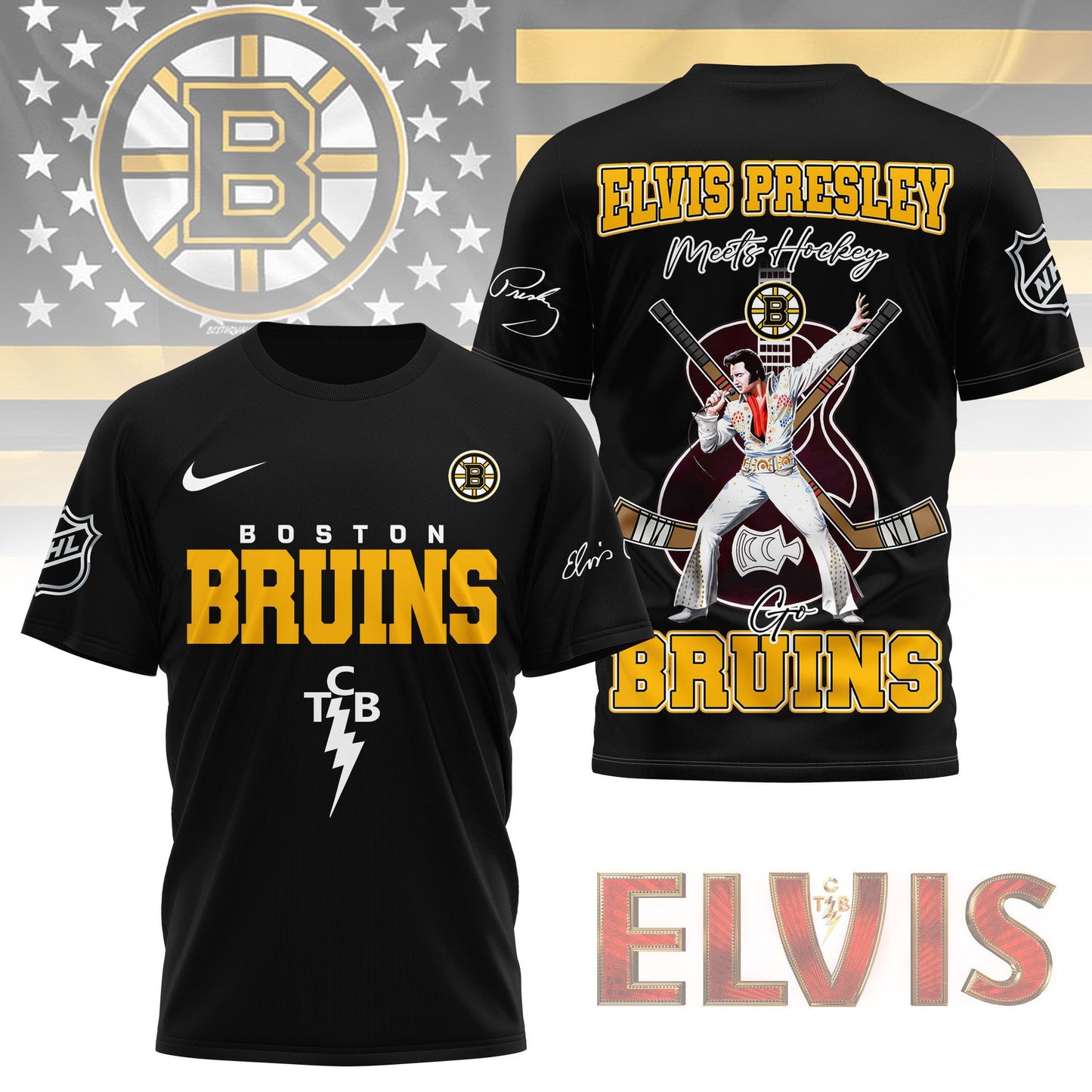 LIMITED EDITION - NEW CUSTOMIZED NHL02 BTB BOSTON BRUINS X ELVIS PRESLEY FAN 3D SHIRT