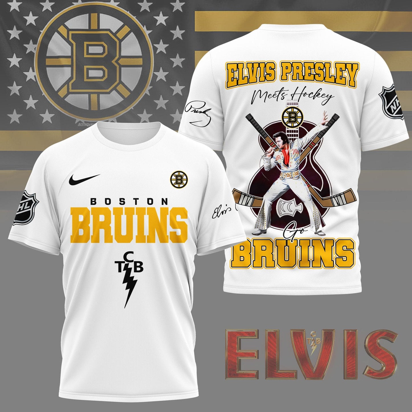 LIMITED EDITION - NEW CUSTOMIZED NHL02 BTB BOSTON BRUINS X ELVIS PRESLEY FAN 3D SHIRT