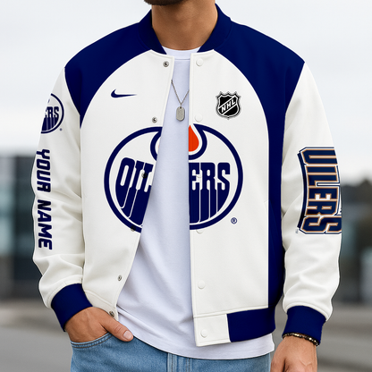 LIMITED EDITION - NEW CUSTOMIZED NHL03 EMO EDMONTON OILERS SATIN VARSITY JACKET & BASEBALL JACKET