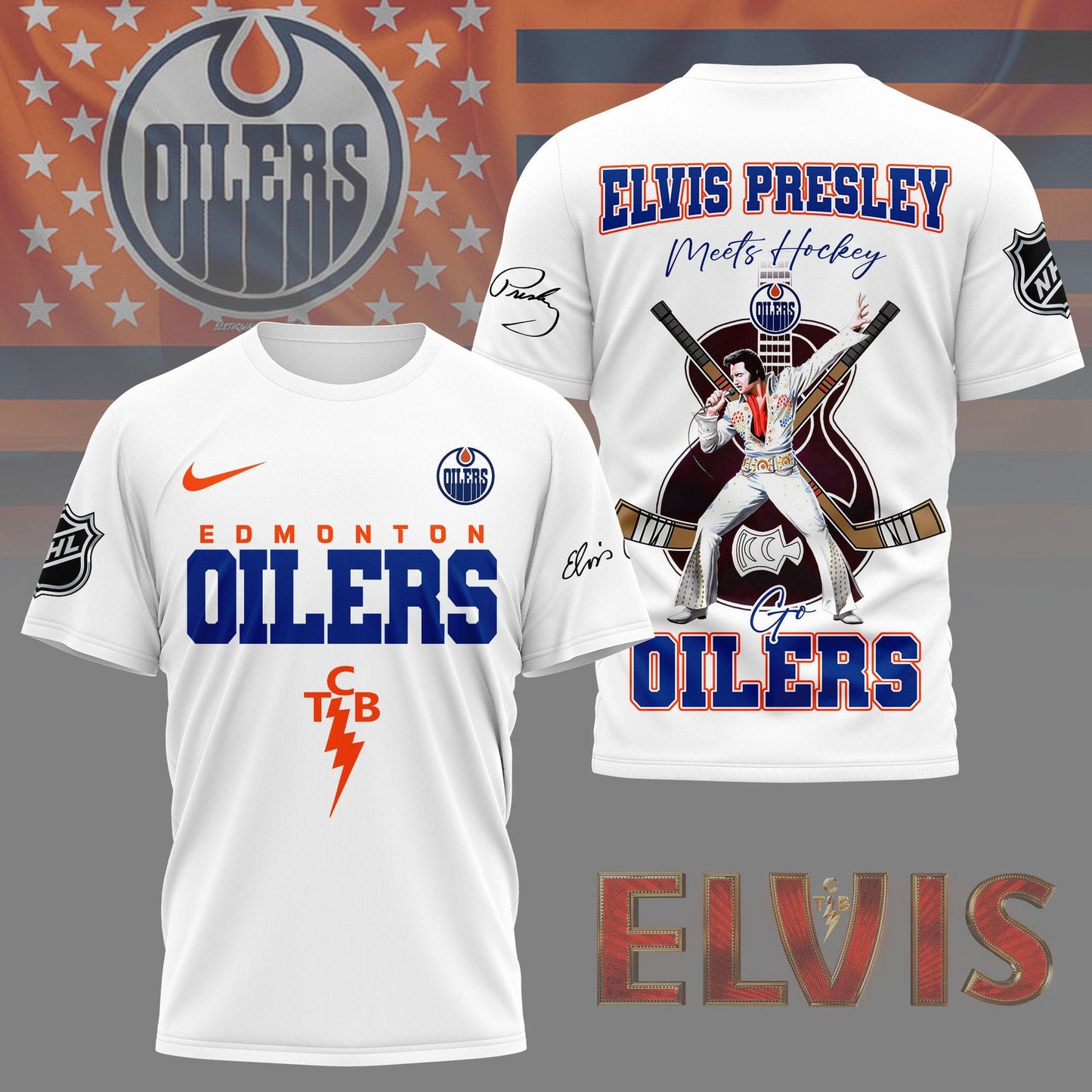 LIMITED EDITION - NEW CUSTOMIZED NHL03 EMO EDMONTON OILERS X ELVIS PRESLEY FAN 3D SHIRT