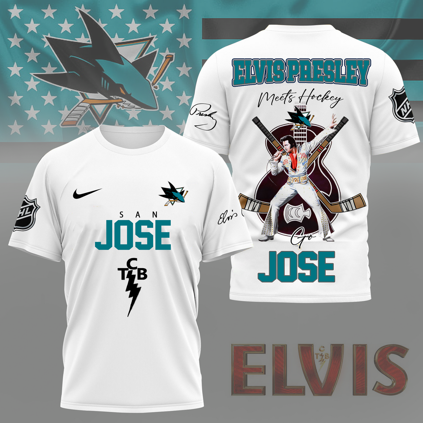 LIMITED EDITION - NEW CUSTOMIZED NHL32 SJS SAN JOSE SHARKS X ELVIS PRESLEY FAN 3D SHIRT