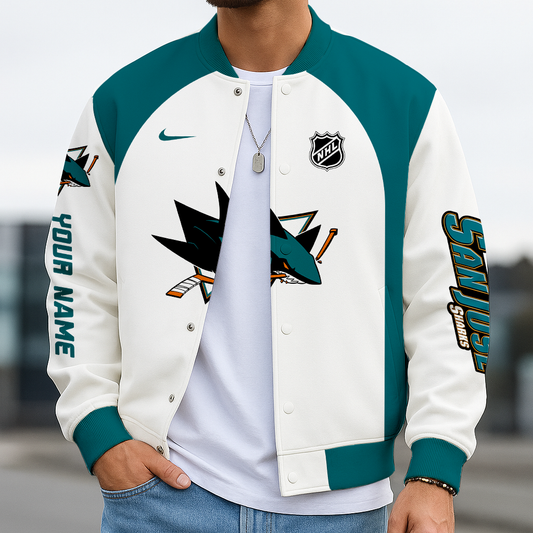 LIMITED EDITION - NEW CUSTOMIZED NHL32 SJS SAN JOSE SHARKS SATIN VARSITY JACKET & BASEBALL JACKET